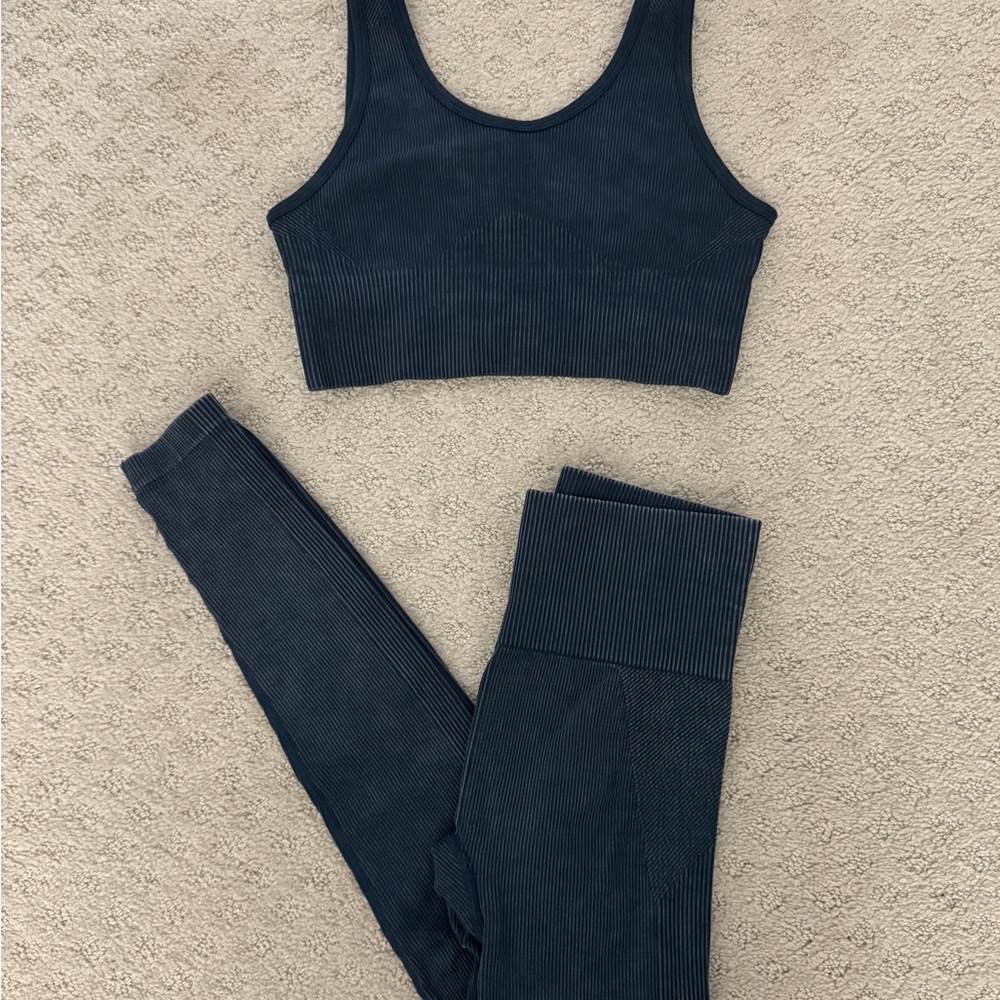 JoyLab Women's High Rise Ribbed Leggings & Bra Set Blue XS